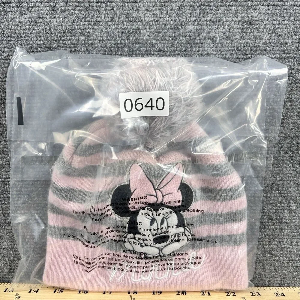 Disney Minnie Mouse Beanie Toddler 2T-5T US Pink Gray Stripe Pom Minnie